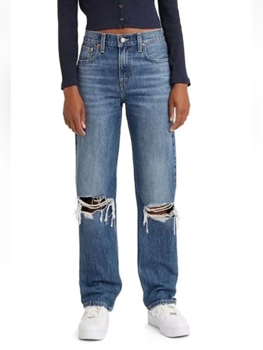 NEW Levi's Women's Low Pro Straight Jeans Dark Wash Relaxed Mid Rise 26 Distress